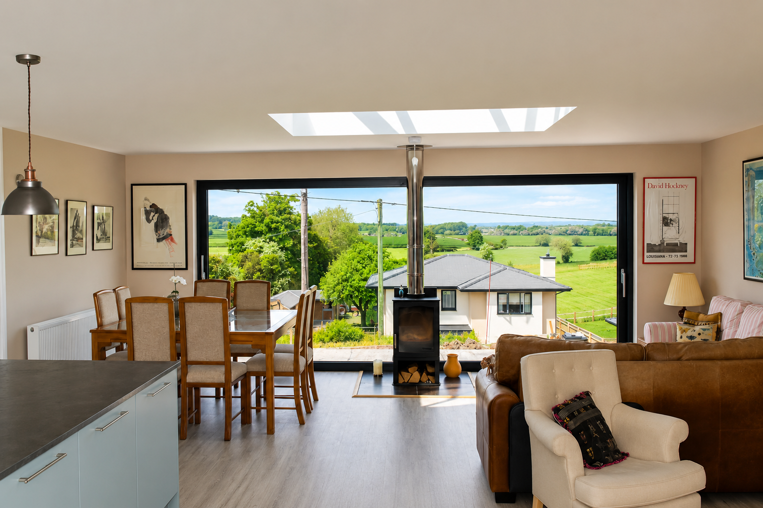Aluminium sliding doors framing a countryside view