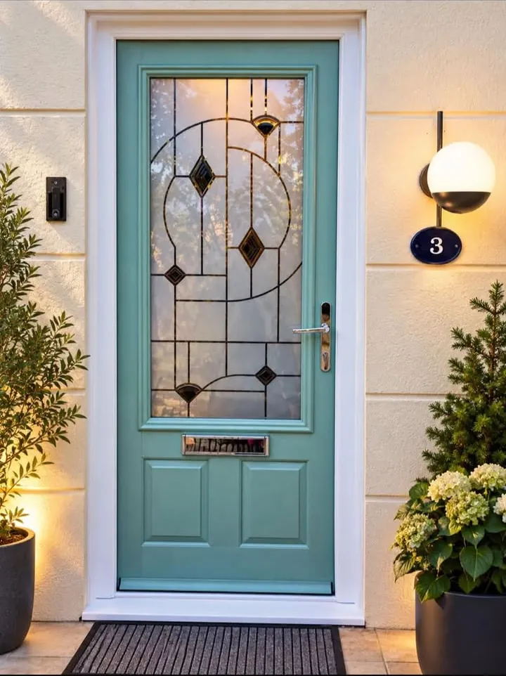 Chartwell green composite front door with Art Deco leaded glass, lit by a wall light in the evening, Cheltenham