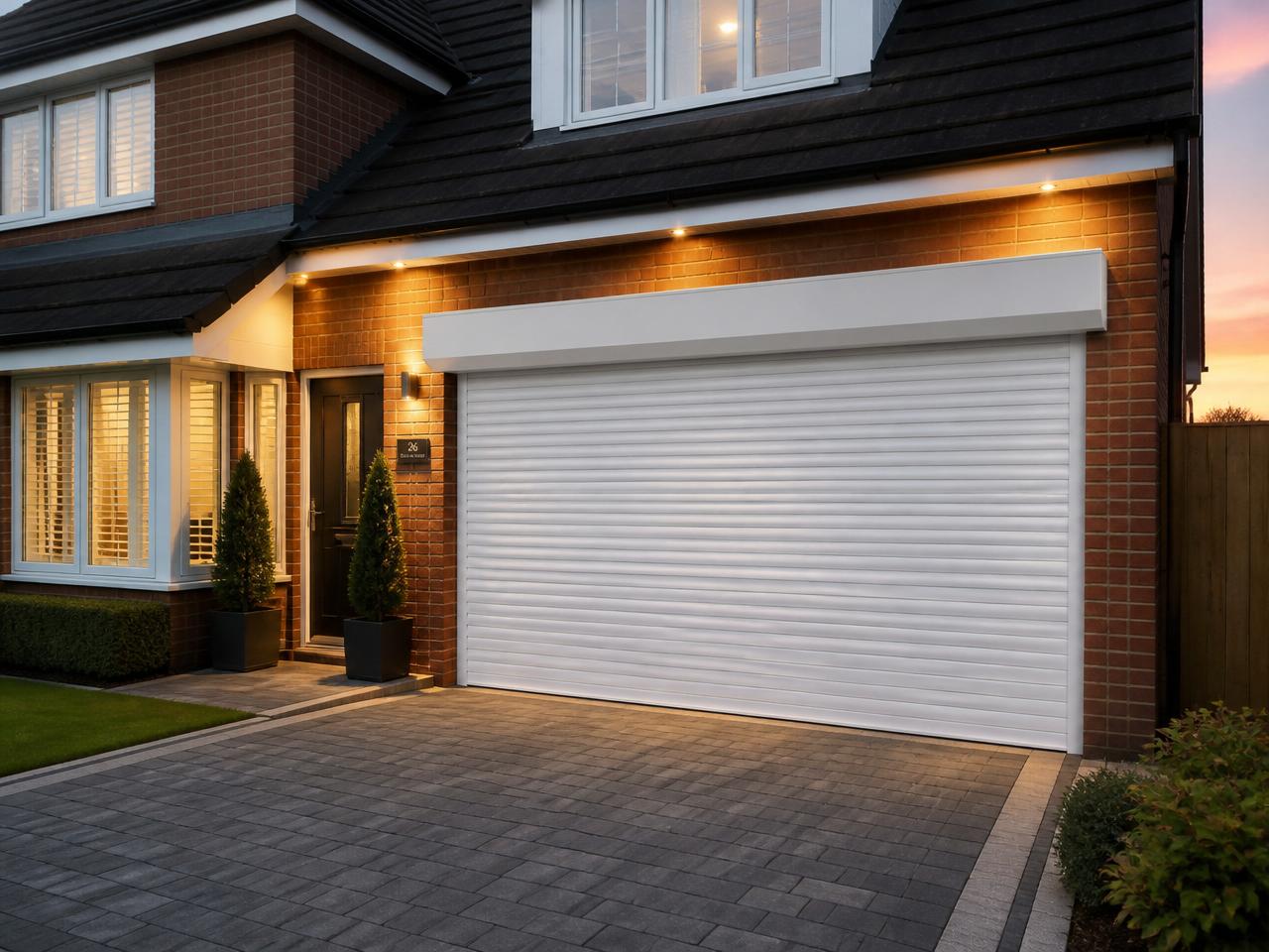 White insulated electric roller garage door on a modern detached home in Hungerford at dusk