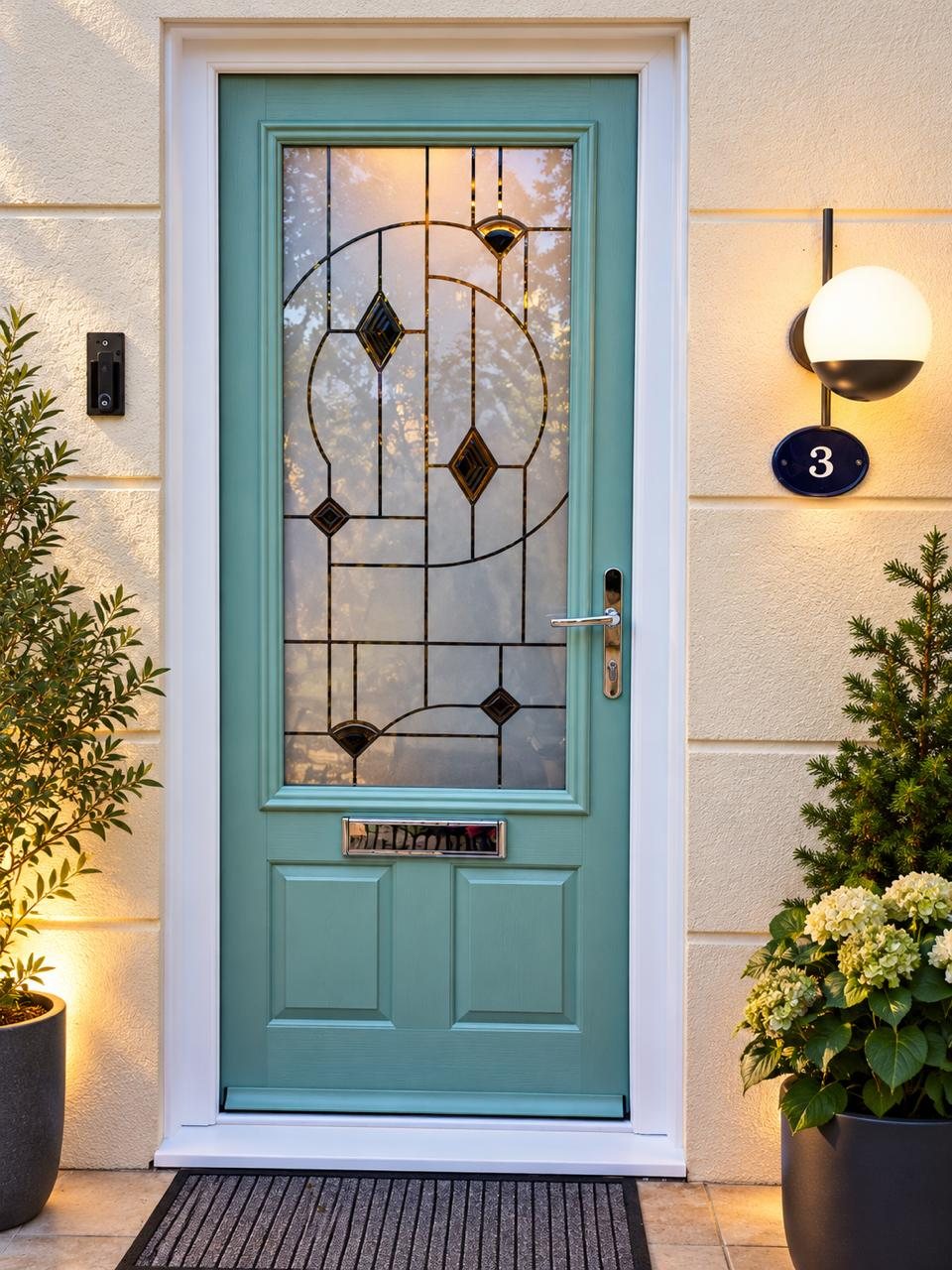 Chartwell Green composite front door with decorative Art Deco leaded glass in Cheltenham, Gloucestershire