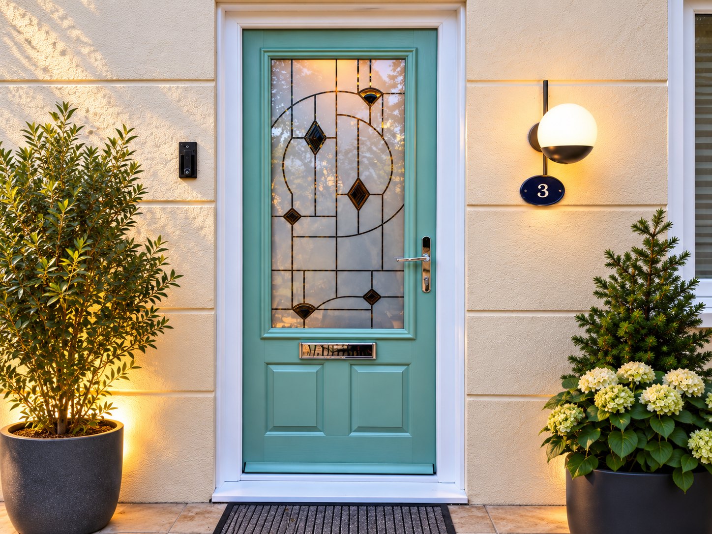 Chartwell Green composite front door with decorative Art Deco leaded glass in Cheltenham, Gloucestershire