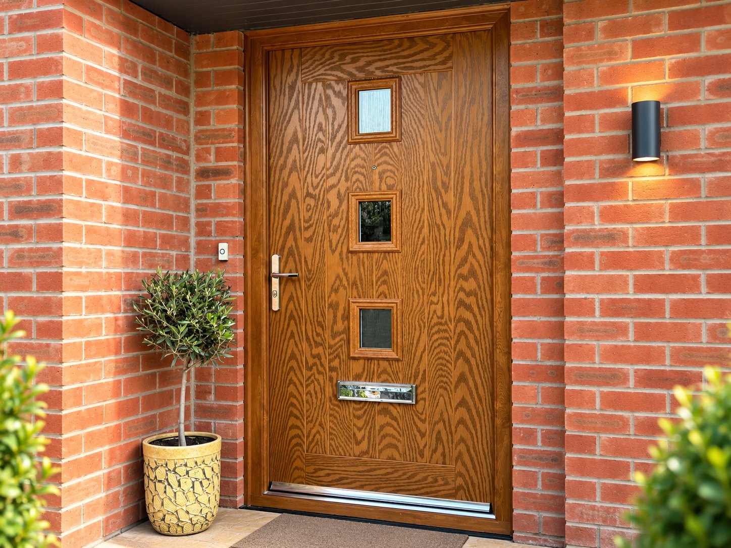 Golden oak woodgrain composite front door with three square glazed apertures in Innsworth, Gloucestershire