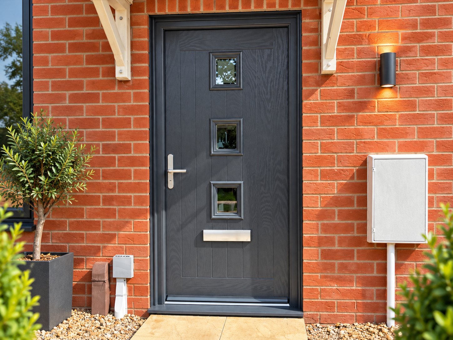 Anthracite grey composite front door with three square glazed apertures in Trowbridge, Wiltshire