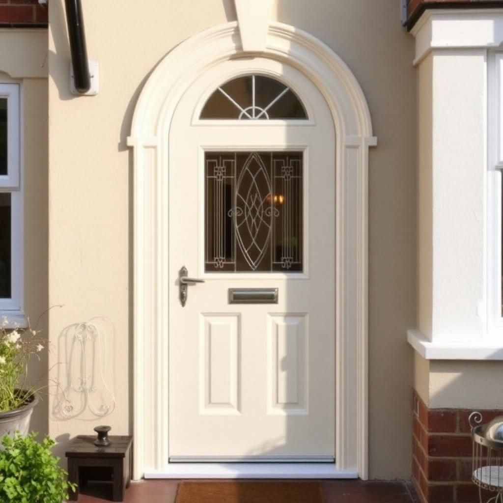 Cream composite front door with an arched glazed panel