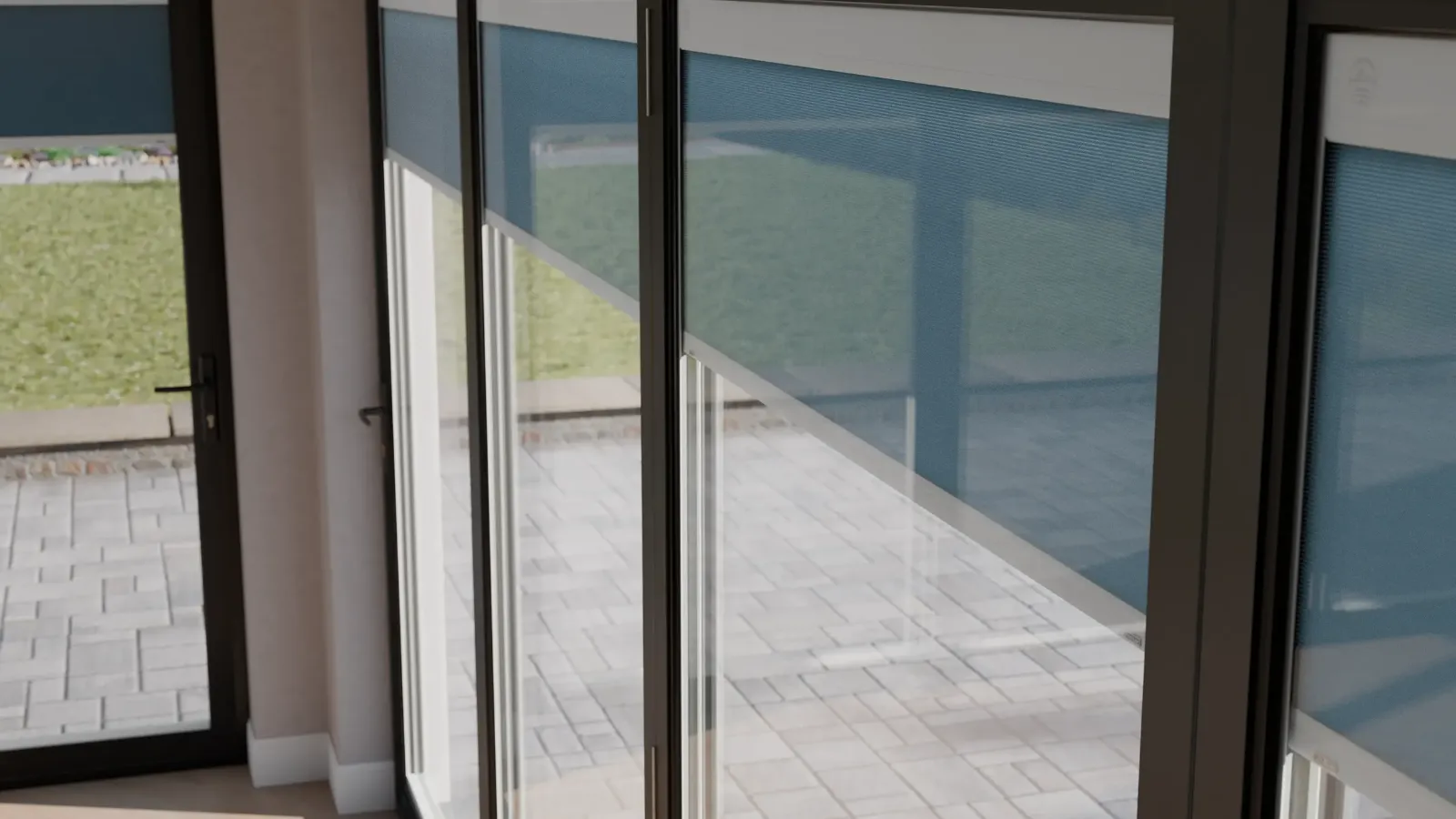Style example: blue pleated integral blinds part-lowered in bifold doors