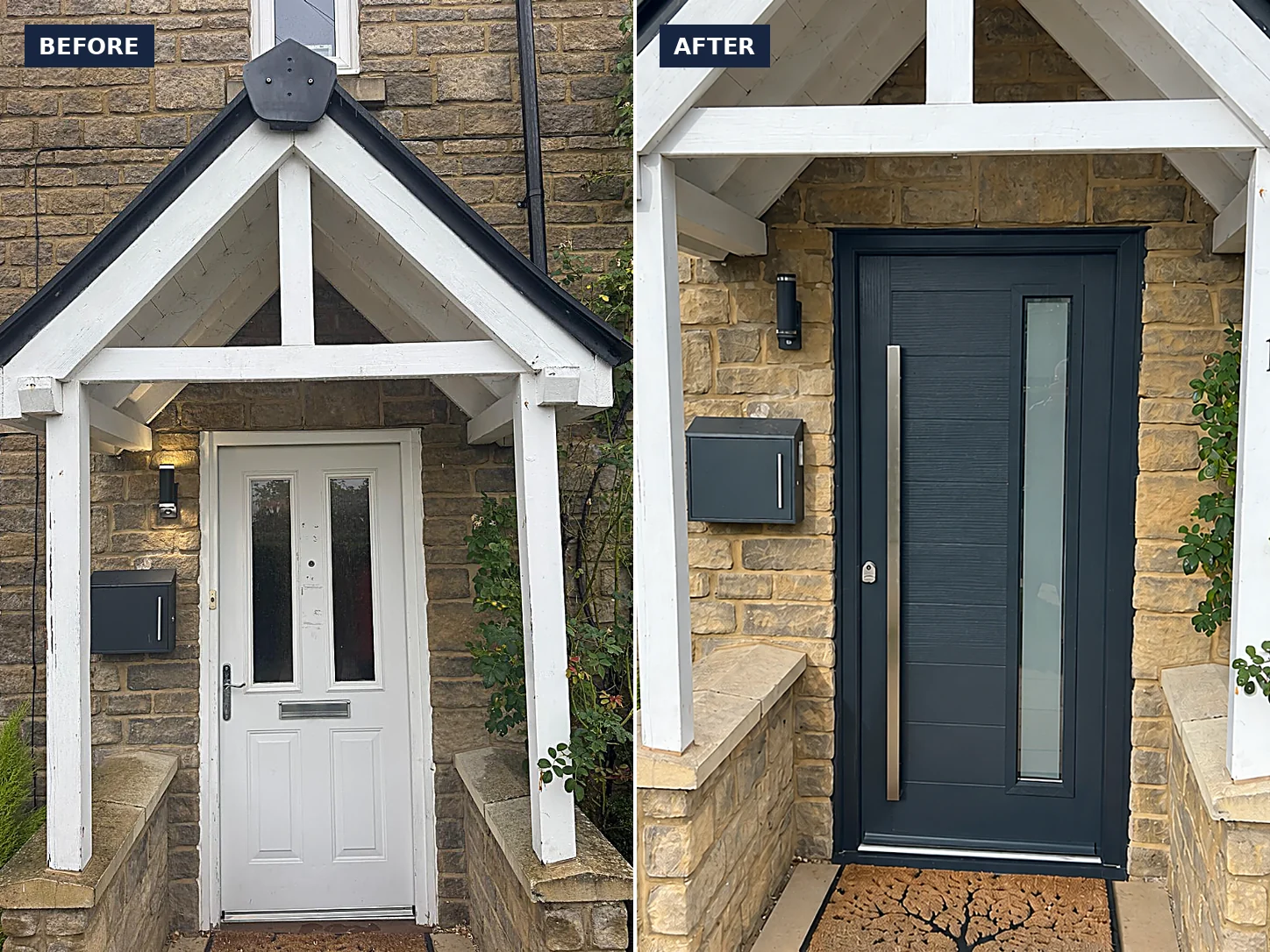 Contemporary anthracite grey composite front door with a full-height obscure glazed panel and long stainless steel bar handle, beneath a white timber porch on a Cotswold stone house, Cricklade